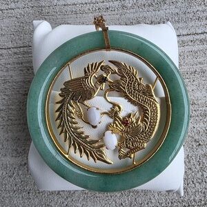 Vintage 1990s Dragon & Phoenix Pendant Gold Tone Asian Yin Yang Green Stone 2.5”